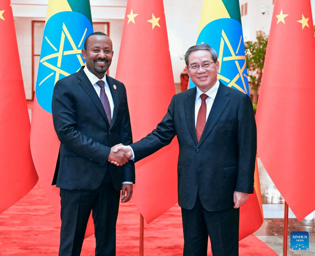 Chinese Premier Li Qiang holds talks with Ethiopian Prime Minister Abiy Ahmed, who is in Beijing for the 2024 Summit of the Forum on China-Africa Cooperation (FOCAC) and an official visit, at the Great Hall of the People in Beijing, capital of China, Sept. 5, 2024. (Xinhua)